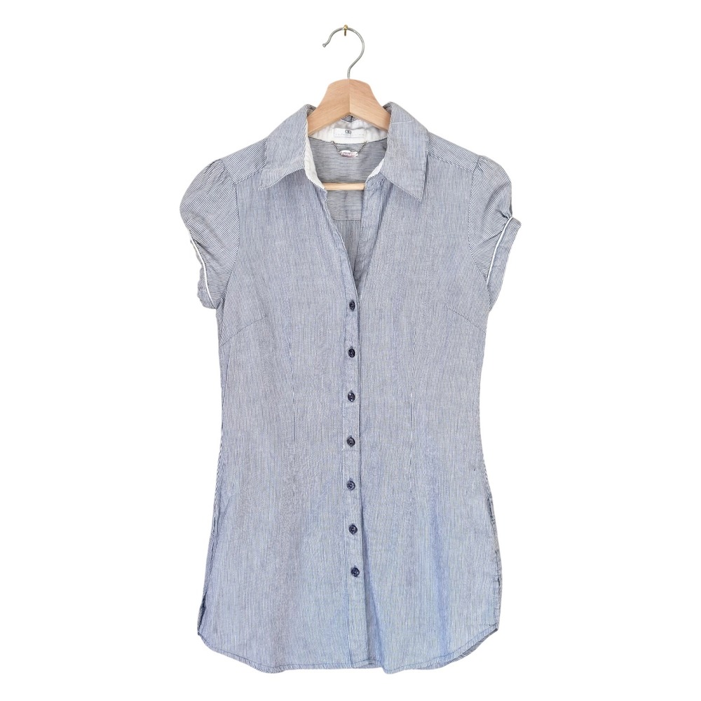 Y2K Pinstripe Short Puff Sleeve Button Down Dress Small